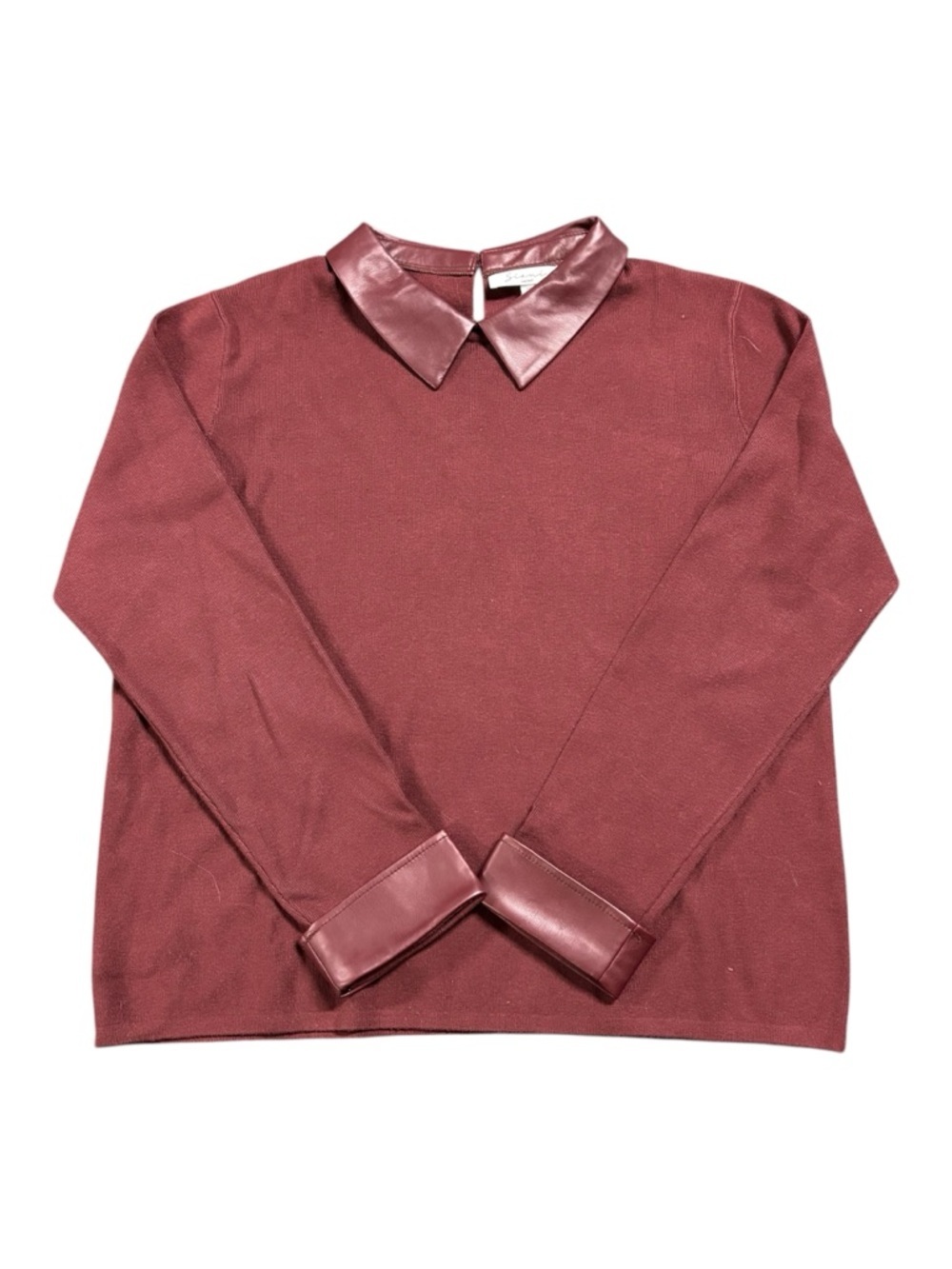 Sioni Milano Knit Top Faux Leather Collar Burgundy XL